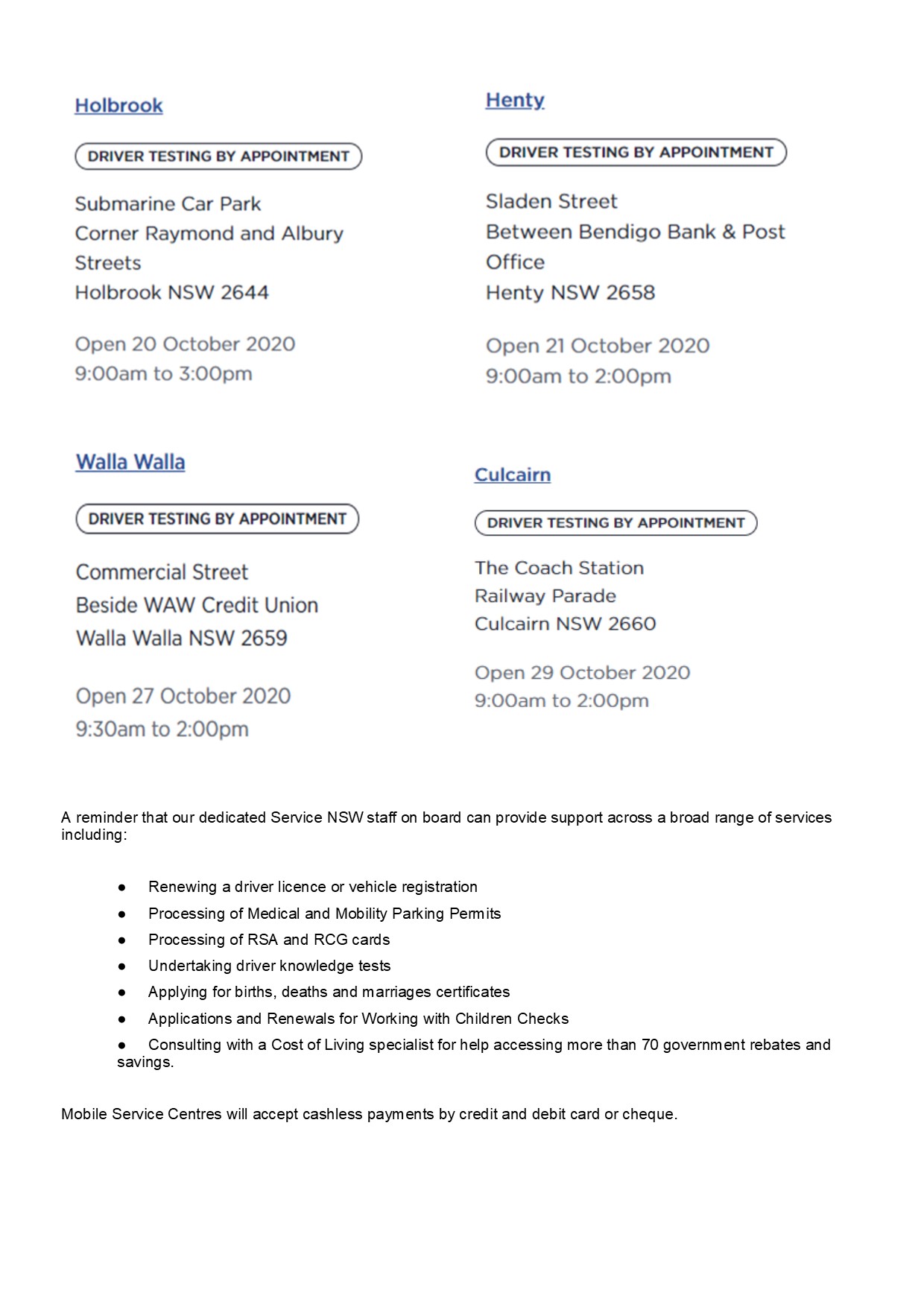 service NSW mobile vans October 2020